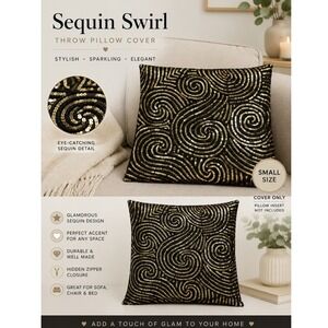 Artistic Accents Gold Sequin Swirl Beaded Black Pillow Cover 16x16 Square Zipper